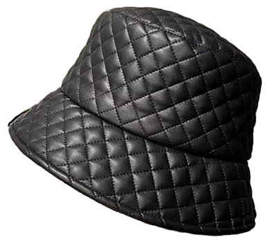 JAZTAKU Damen Winter Kunstpelz Fischerhut Schwarz Kariert Bucket Hat Warme Ledermütze, B1: Schwarzes Leder, M-L