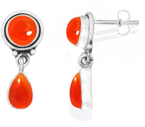 Handgemachter echter 925 Sterling Silber Tropfen Ohrhänger Natürlicher Edelstein Onyx, Bernstein, Granat, Perle Runde Birne Boho Schmuck für Frauen