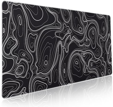 Gaming-Mauspad mit topografischer Karte, XXL, minimalistisch, Topo geographisch, weiße Linien, erweitertes großes Mauspad, Schreibtischunterlage, rutschfeste Gummiunterseite, genähte Kanten,