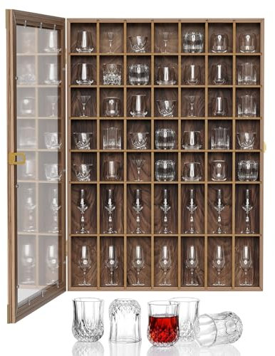 ybaymy Shot Glass Display Case 49 Shot Glass Holder with Removable Shelve Wall Mounted Shadow Box Lockable with UV Protection Acrylic Glass Shot Glass Door Wooden Collection Display Cabinet