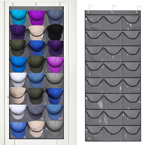 Baseball Kappen Halterung,Kappenhalter Tür,Cap Halterung Wand,Cap Organizer Tür,Cap Aufbewahrung,Cappy Halterung,Doppelte Faltbar Kappenhalter Organizer mit 24 Taschen,Tür Rückwand Cap Halters (Grau)