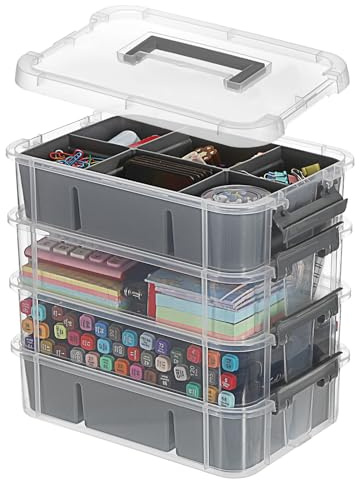 IGNPION 4 Layer Craft Storage Box, Adjustable Plastic Tool Box with Handle | 2 Detachable Divider Tray, Stackable Organizer Containers for Arts and Crafts, Bead, Stationery, Sewing Accessories, Grey