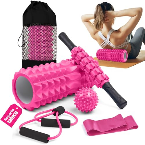unycos - Faszienrolle【PP/EVA】| 5-in-1-Set, Muskelmassageroller/Foam Roller der 120 kg Trägt, Fitness-Widerstandsband, Massageball, Rehabilitationsstab, Formseil und Aufbewahrungstasche (Rosa)