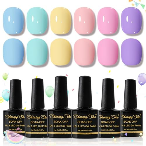 Shining She UV Nagellack Pastell, 6 Farben Frühling Sommer Macaron Gel Nagellack UV, Pastell Rosa Lila Blau Grün Gelb Gel Nail Polish Soak Off UV Lack für Anfänger Nail Art Salon, 8ML