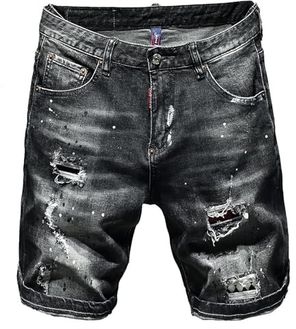 Kdtoll Pantaloncini Jeans Uomo Estivi – Shorts in Denim Slim Fit Elasticizzati, Strappati e Comodi, Stile Streetwear Y2K, Jeans Corti Hip Hop con Schizzi di Vernice