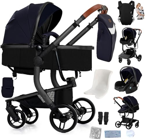 Reenborn PU-Leder Kinderwagen 3 in 1, Buggy mit Ein-Klick-Faltdesign, Kinderwagen mit Zwei Umkehrbaren Schiebemodi, Kombikinderwagen 3 in 1 Komplettset Rahmen Aluminiumlegierung (L518 Black Blue)