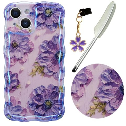 Knoowcase for iPhone 13 Case, Colorful Retro Oil Painting Floral Pattern Cute Curly Wave Frame Phone Case for Women Girls, Soft TPU Shockproof Silicone Protective Bumper Cover, Blue&Purple