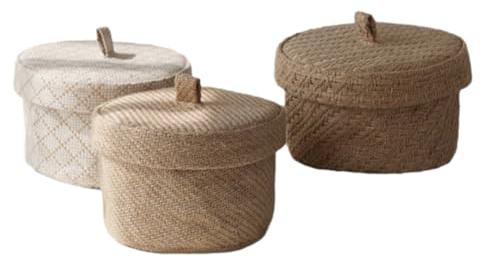 Tixqeaif Wicker Seagrass Flower Pot Boxes Sundries Storage Baskets with Lids Weaving Snack Storage Box Wardrobe Table Round