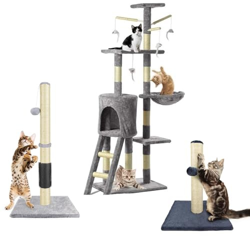 Cat Scratching Post & Activity Centre - 80cmTall Kitty Climbing Tree with Sisal Rope, Hanging Ball & Carpet Covered Heavy Base, Furniture Protector & Play Toy, Grey