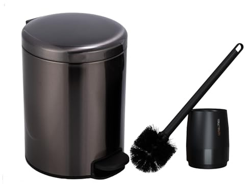 Bathroom Bin with Loo Brush Set, 5L Slim Round Stainless Steel, Black | Round Slim Pedal Bin with Inner Bucket & Soft-Close Lid. Doubles as Nappy Bin for Diaper Use. Bedroom, Office or Makeup Room.