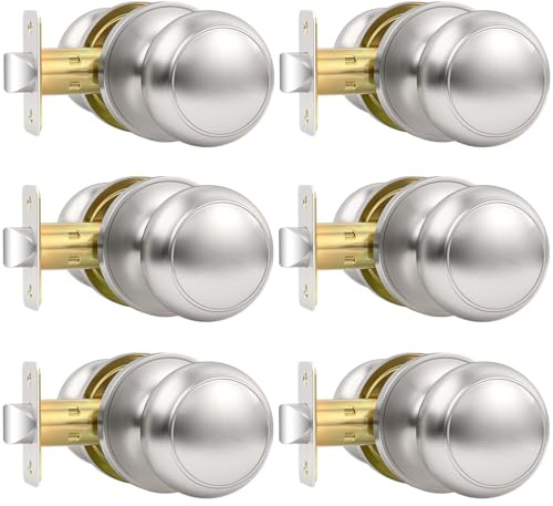 Vesmikit 6 Pack Brushed Nickel Door Knob, Round Interior Door Knobs for Hallway Closet, Non-Locking Passage Door Knobs, Keyless Door Handles for Left/Right Handle Doors