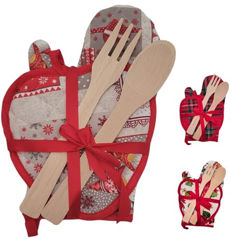Set Natale in Cucina Made in Italy – Guanto da Forno + Presina a Cuore + 2 Utensili in Legno di Faggio – Tessuto 50% Cotone 50% Poliestere – Idea Regalo Natale Cucina – Vari Colori (Gnomi)