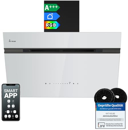 KKT KOLBE Dunstabzugshaube Wandhaube AURORA8005SW, 80 cm kopffrei | 782 cbm/h, Abluft und Umluft, weißes Glas, schwarz weiß, SensorTouch-Bedienung, RGBW-LED-Beleuchtung, Smart-WiFi-App, WLAN