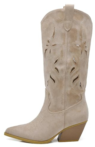 IF Stivali Alti Texani Donna Western in Pelle Sintetica Vegana, Design Traforato, Tacco Medio e Punta Affusolata