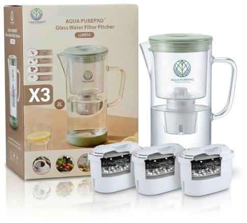 Aqua PurePro Lumera Glass Water Filter Pitcher 3L – Inc 3 X AQUAPRO+ high performance Catridges – Premium BPA-Free Carafe – Reduces Chlorine, Odours & Impurities – Ideal for home Tap Water (3)