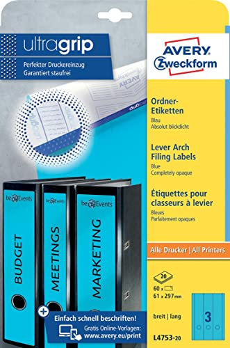 AVERY Zweckform L4753-20 Ordnerrücken Etiketten (60 Rückenschilder mit ultragrip, 61x297mm auf A4, breit/lang, selbstklebend, absolut blickdicht, bedruckbare Ordneretiketten) 20 Blatt, blau