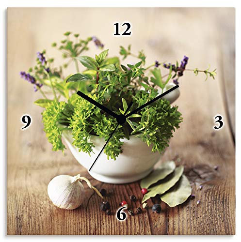 ARTLAND Wanduhr ohne Tickgeräusche Alu Quarzuhr 30x30 cm Quadratisch Lautlos Kräuter Gewürze Holzoptik Landhaus Food T5QG