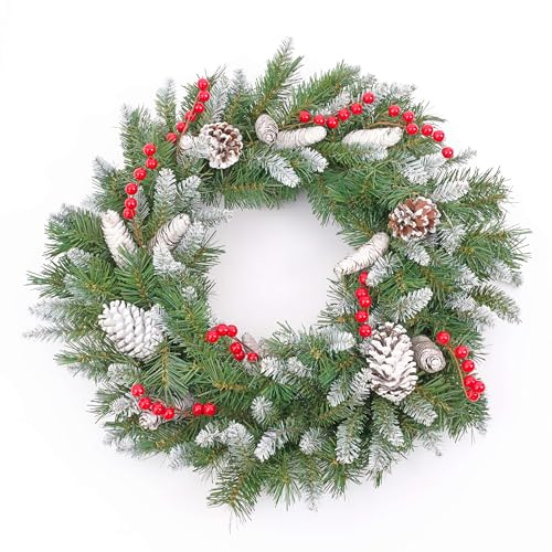 artplants.de Künstlicher Tannenkranz Marlies, Zapfen und Beeren, beschneit, Ø 55cm, schwer entflammbar, wetterfest - Kunst Weihnachtskranz