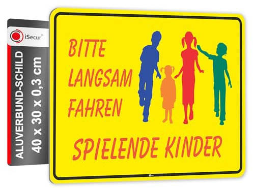 XL Warnschild I Bitte langsam fahren I Spielende-Kinder I Aluverbund-Schild I 40 x 30 cm groß I 3 mm Stark I mit UV Schutz-Laminat I Wetterfestes Hinweisschild I hin111