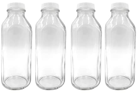 The Dairy Shoppe Botella de leche de vidrio con tapa, 1 litro 4 unidades estilo cuadrado 32 onzas