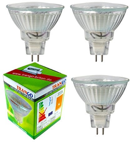 Trango 3er Set MR16030 LED Leuchtmittel mit MR16 Fassung zum Austausch herkömmlicher Halogen Leuchtmittel MR16 I GU5.3 I G4 12 Volt 3000K warmweiß Glühlampe, Reflektor Lampe