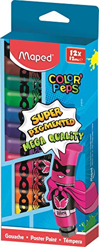 Maped - Peinture Gouache Enfant - 12 Couleurs Intenses Super Pigmentées - Facile à Ouvrir - Bouchon à Clapet Imperdable - Boîte Carton de 12 Tubes de 12 ml M810510