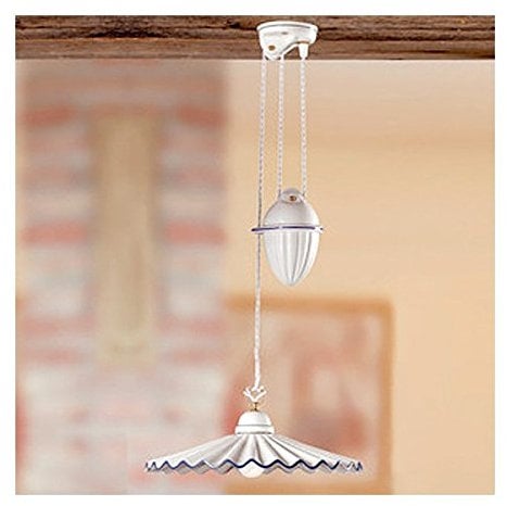 Lampadario saliscendi in ceramica con contrappeso e piatto plissettato stile vintage - Ø 43 cm - Giallo