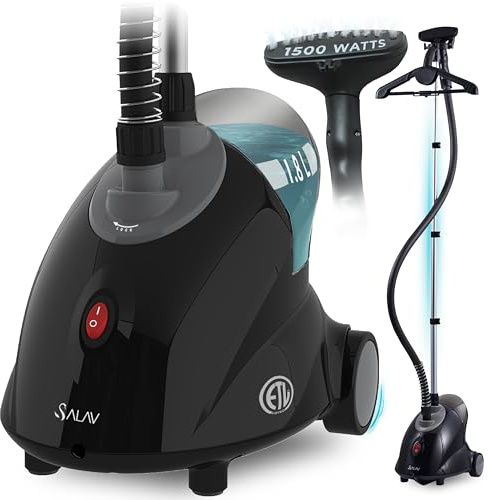 SALAV GS18-DJ Standing Garment Steamer with Roll Wheels for Easy Movement, 1.8L Water Tank for 1 Hour Continuous Steaming, Adjustable Pole for Storage, Includes Descaler Packet, 1500 watts
