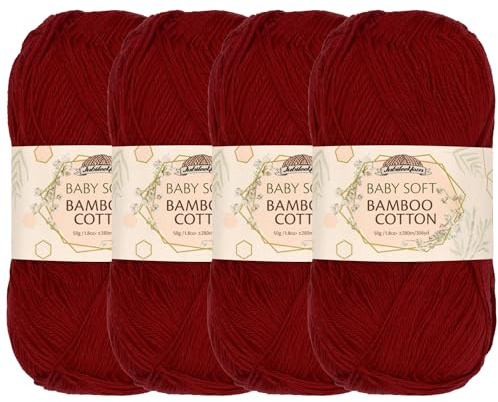 JubileeYarn Baby Soft Bamboo Cotton Yarn - 50g/Skein - Red Hot Red - 4 Skeins