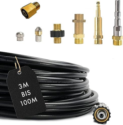 Rohrreinigungsschlauch (8-Teilig) für Kärcher Kränzle NILFISK ALTO WAP HD HDS Anschluss 1/8 AG : M22 x 1,5 IG & Bajonett-Adapter & Adapter KEW & 2x Düsen & Quick Connect & EASY!Lock (50 Meter)