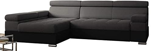 PAOLO Ecksofa Schlaffunktion, Eckcouch mit Bettkasten, Freistehendes Schlafsofa, L-Form Ecksofa, Schlafsofa mit bettfunktion, L-Form Sofa (Dunkelgrau + Schwarzer Kunstleder (EKO)