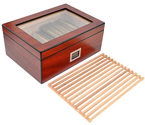 Eitida Desktop Humidor Case Holds 50-75 Cigar, Tempered Glass Top Display, Spanish Cedar Wood Storage Box with Divider& Air Flow Rack, Humidifier and Digital Thermo-Hygrometer, Sapele Cherry Finish