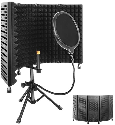Iouyk Studio Recording Microphone Isolation Shield with Pop Filter and Tripod Stand, High Density Absorbent Foam to Filter Vocal, Foldable Sound Shield for Blue Yeti and Condenser Microphones