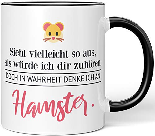 JUNIWORDS Tasse, Sieht vielleicht so aus, als würde ich dir zuhören. Doch in Wahrheit denke ich an Hamster (1001485), Wähle Farbe, Schwarz