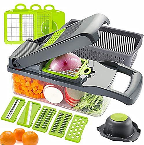 Multifunktionale Gemüseschneider Küchenmandoline, Aufschnitt Küchenreibe,Behälter Mit Schublade,7 Austauschbare Aufschnittmaschinen,Reibe,Zeitsparende Küchengeräte Für Die Tägliche Küche,Grau