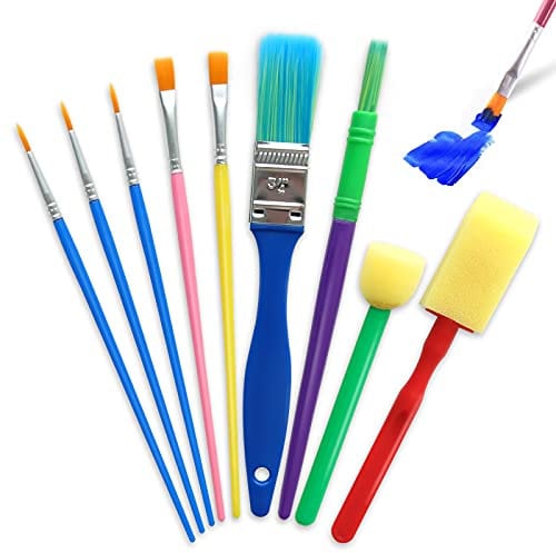 Hanyousheng Pinceaux Enfants, Éponge Brosses, 9 Pcs Kits Lavables, Ensemble Brosse de Peinture pour Débutant, Aquarelle, Huile, Acryliques