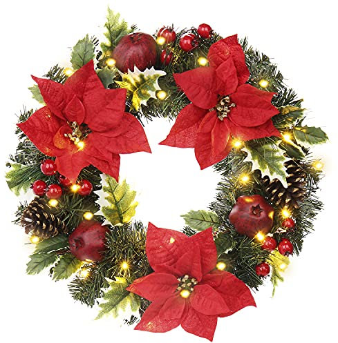 Ø55m Weihnachtskranz Künstlicher Kranz mit 30 LED-Licht, Tannenzapfen, Beeren und roter Weihnachtsblume für Haustür, Hauswandbehang oder Weihnachtsdekoration, Winterschmuck