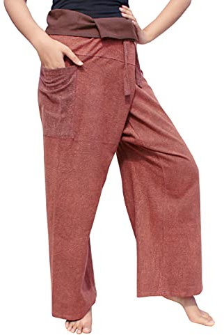 RaanPahMuang Thailändische Anglerhose Herren Damen Lose Yoga Pirat Haremshose 100% Baumwolle Unisex Kimono Hose, Stonewashmuang Braun, L/XL