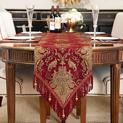 TOPLUXE Tischläufer mit Quasten, Jacquard Tischdecke für Esstisch Urlaub Party Wohnzimmer Dekoration (33x180cm, Burgund)