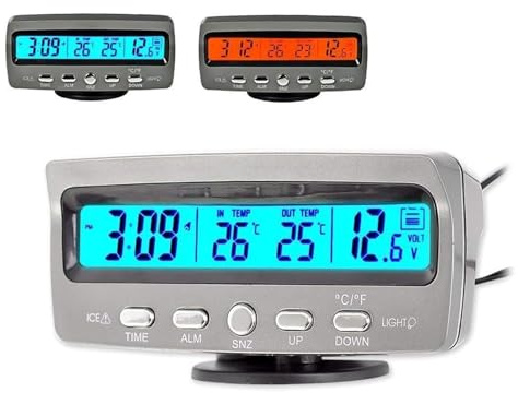 TOTMOX Thermomètre numérique intelligent multifonction pour voiture, thermomètre extérieur Fahrenheit Celsius double écran LCD avec rétroéclairage LED bleu/orange, fonction horloge/calendrier/tension