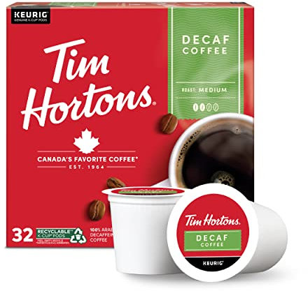 Tim Hortons Decaf, Medium Roast Coffee, Single-Serve K-Cup Pods Compatible with Keurig Brewers, 32ct K-Cups, Red