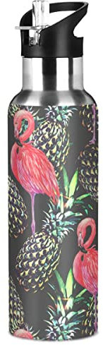 Bouteille d'eau en acier inoxydable avec paille - Flamant rose isotherme - Bouteille d'eau de sport pour enfants et adultes - Étanche - 1 l