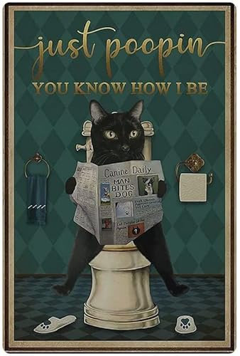 RIFOSA 6x8 Wall Decor Funny Cat Metal Sign Black Cat Reading The Toilet Toilet Bathroom Art Wall Decor