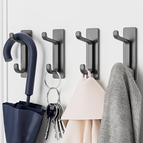 Stick on Hooks for Hanging, Extra Sticky 6KG (Max), Coat Hook on Door for Towel Coat Hat Key, Metal Stainless Heavy Duty, Self Adhesive Hangers Wall Mounted for Bathroom Shower Kitchen, Grey, 4 Pack