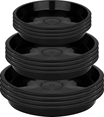 Luter 12 Stück Pflanze Untertassen für Garten, 13,9/15,8/17,8cm Rund Kunststoff Blumentopf Untersetzer Gartenpflanzen Untersetzer Blumentopf Tropf Tabletts für Outdoor Indoor Topfpflanzen (Schwarz)
