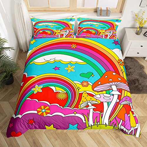 70s Boho Mushroom Bedding Set King Size,Hippie Rainbow Groovy Floral Duvet Cover Set for Children Bedroom Present, Cartoon Stars Cloud Sky Microfiber Comforter Cover with 2 Pillowcases