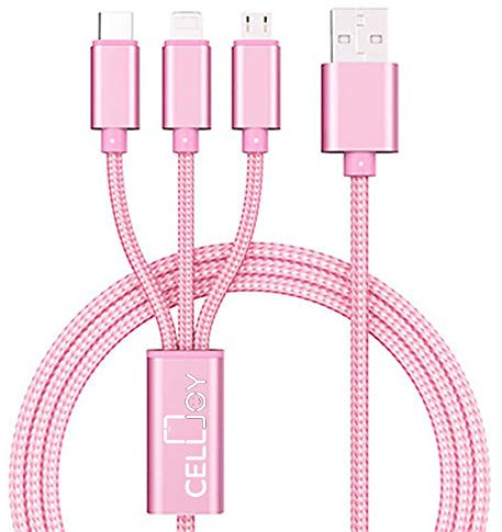CellJoy Multi Charger Cable3 in 1 Charger Cable [1.2M] Multiple USB Cable Nylon Braided with Micro USB Type C iProduct Cable Connector for iPhoneAndroid GalaxyHuaweiNokia,LGMP3 SmartWatch (Pink)