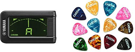 Yamaha YTC5 Stimmgerät, verchromt, mit Zange, Schwarz & CASCHA HH 2002 Guitar Picks 12er Set - Plektrum für Akustik-Gitarre E-Gitarre Ukulele Bass - hochwertige Plektren in 3 verschiedenen Stärken
