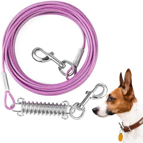 Mi Metty langes Hundeleinenkabel für kleine Hunde bis zu 27,2 kg – Stahl-Hundeleine mit robusten Clips, Outdoor-Läufer für draußen und Hofgurt (Purple Spring, 100ft/30m)