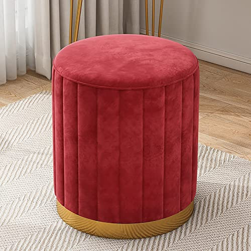 Kleine osmanische Samt Fußstützen Fußstuhl Round Polster Footstool für Wohnzimmer Schlafzimmer Moderne runde Samt Ottoman Fußstützenhocker,Rot